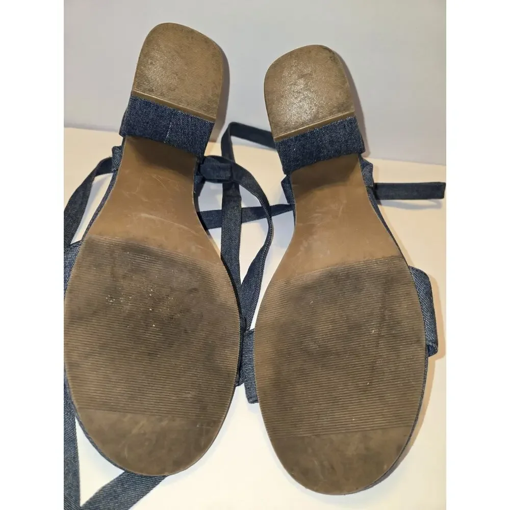 Kenneth Cole Reaction Womens Size 11 Embroidered Denim Heels w Tie Around Ankle